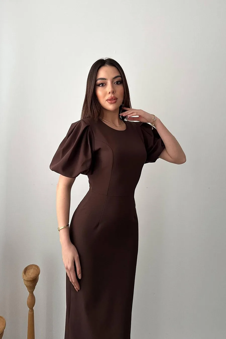 Kahverengi Kolları Balon Elbise - Kahverengi