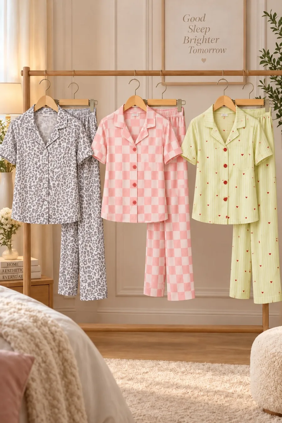 3 Adet Kadın Kısa Kollu Rahat Pijama Takımı Pembe
