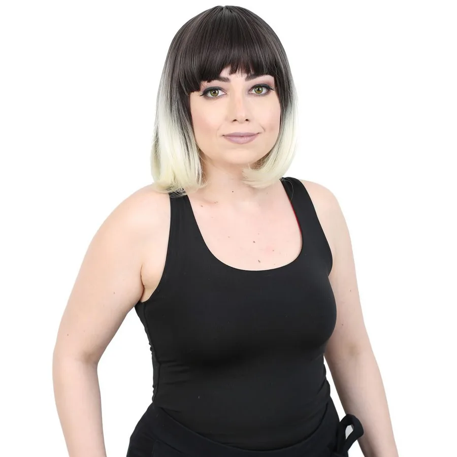 Kısa Küt Perçemli Fiber Sen Peruk / Küllü Siyah / Platin Ombreli