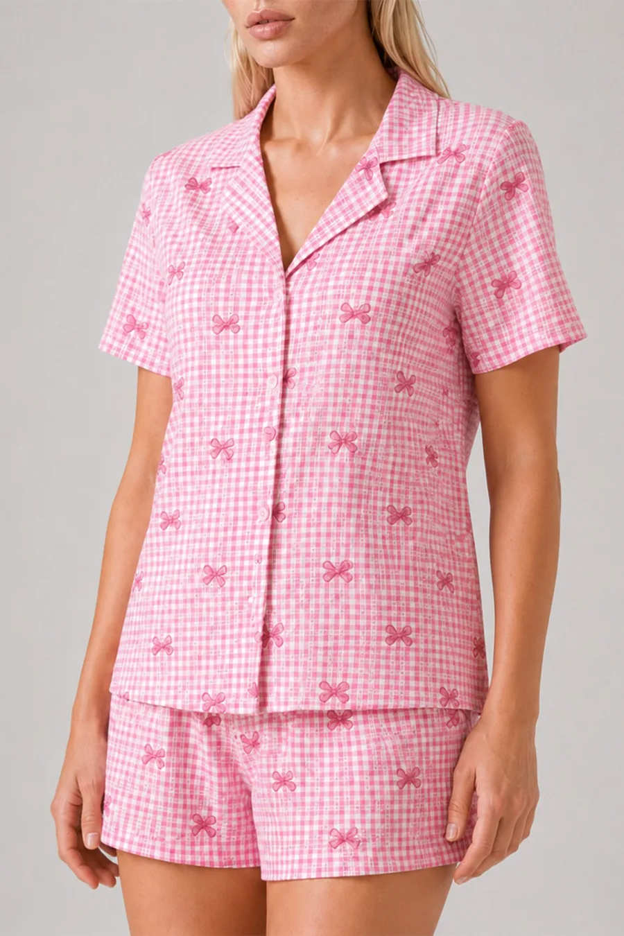 Kadın Pembe Ekose Fiyonk Desenli Kısa Kollu Şortlu Pijama Takımı 4634