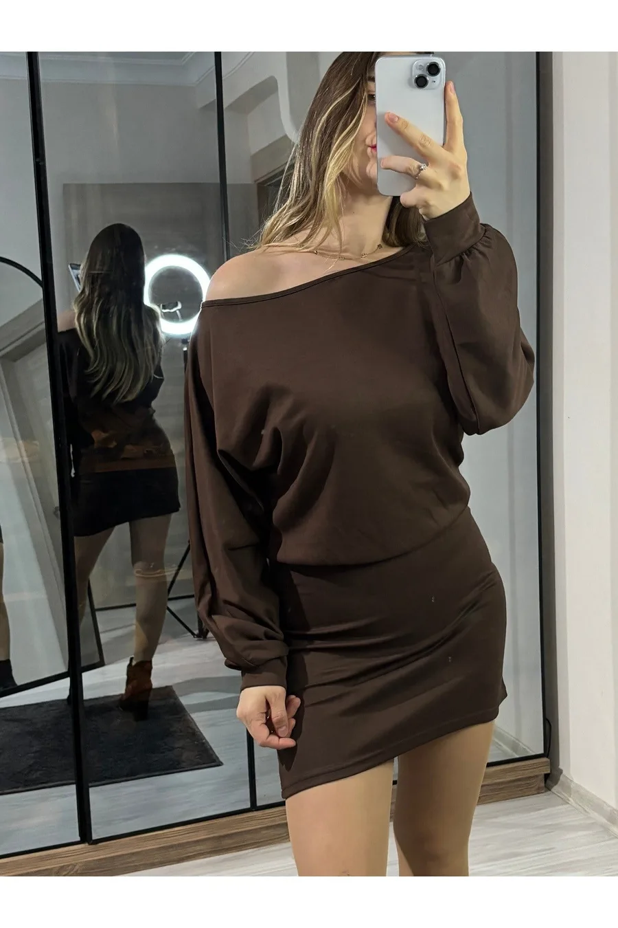 Modal Kumaş Kayık Yaka Mini Elbise - Turuncu