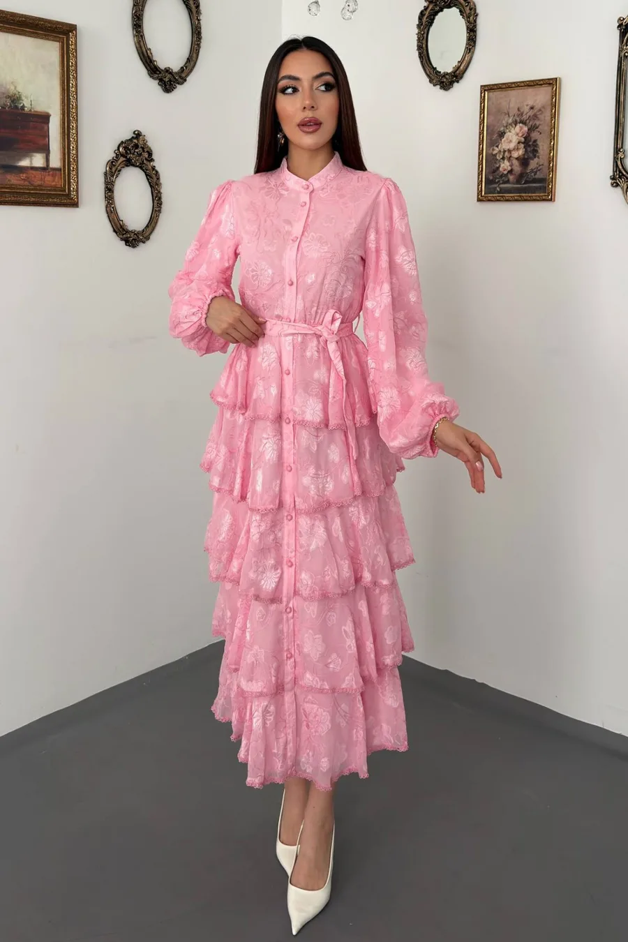 Pembe Valonlu Şeritli Uzun Elbise