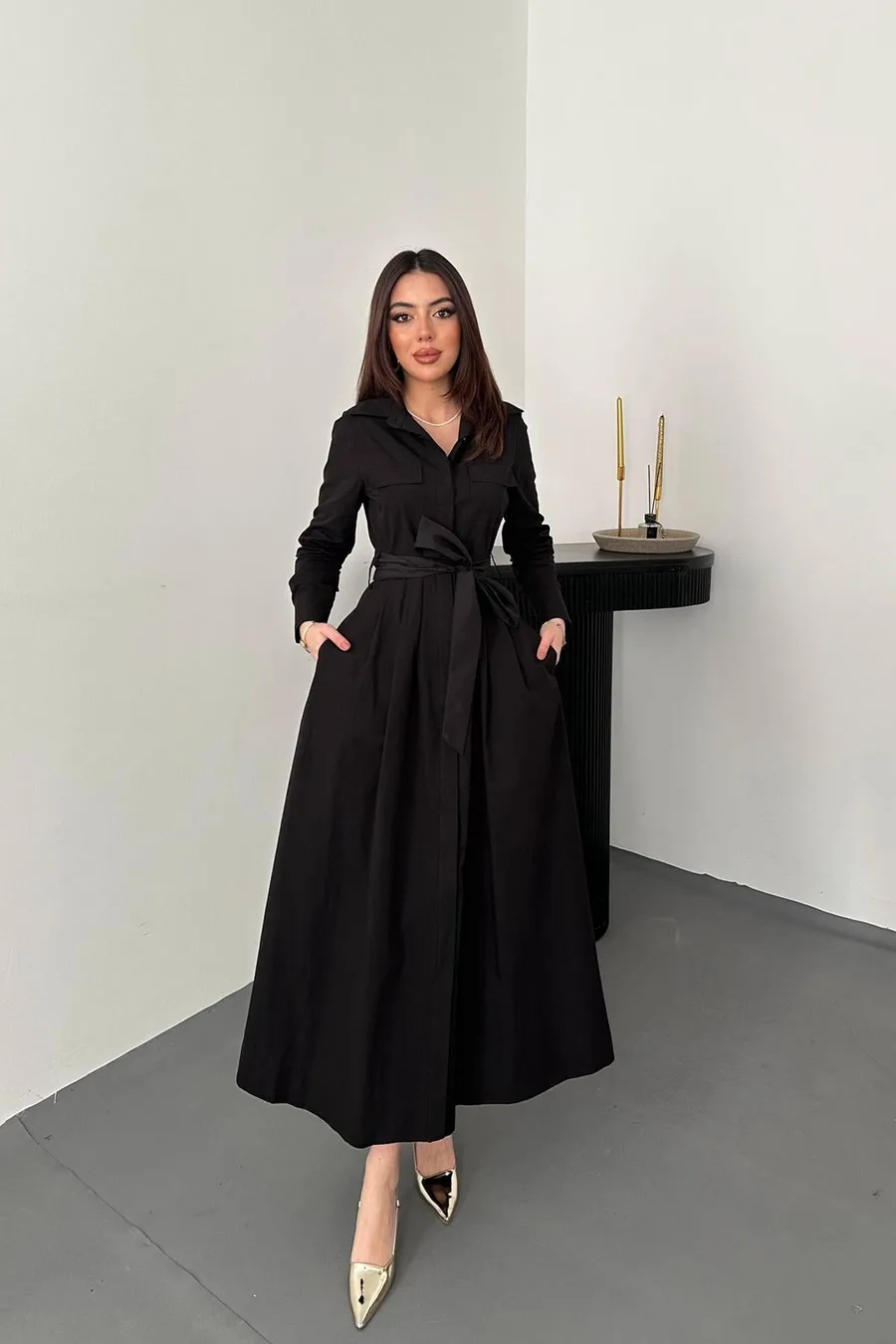 Siyah Düğmeli Poplin Elbise - SİYAH