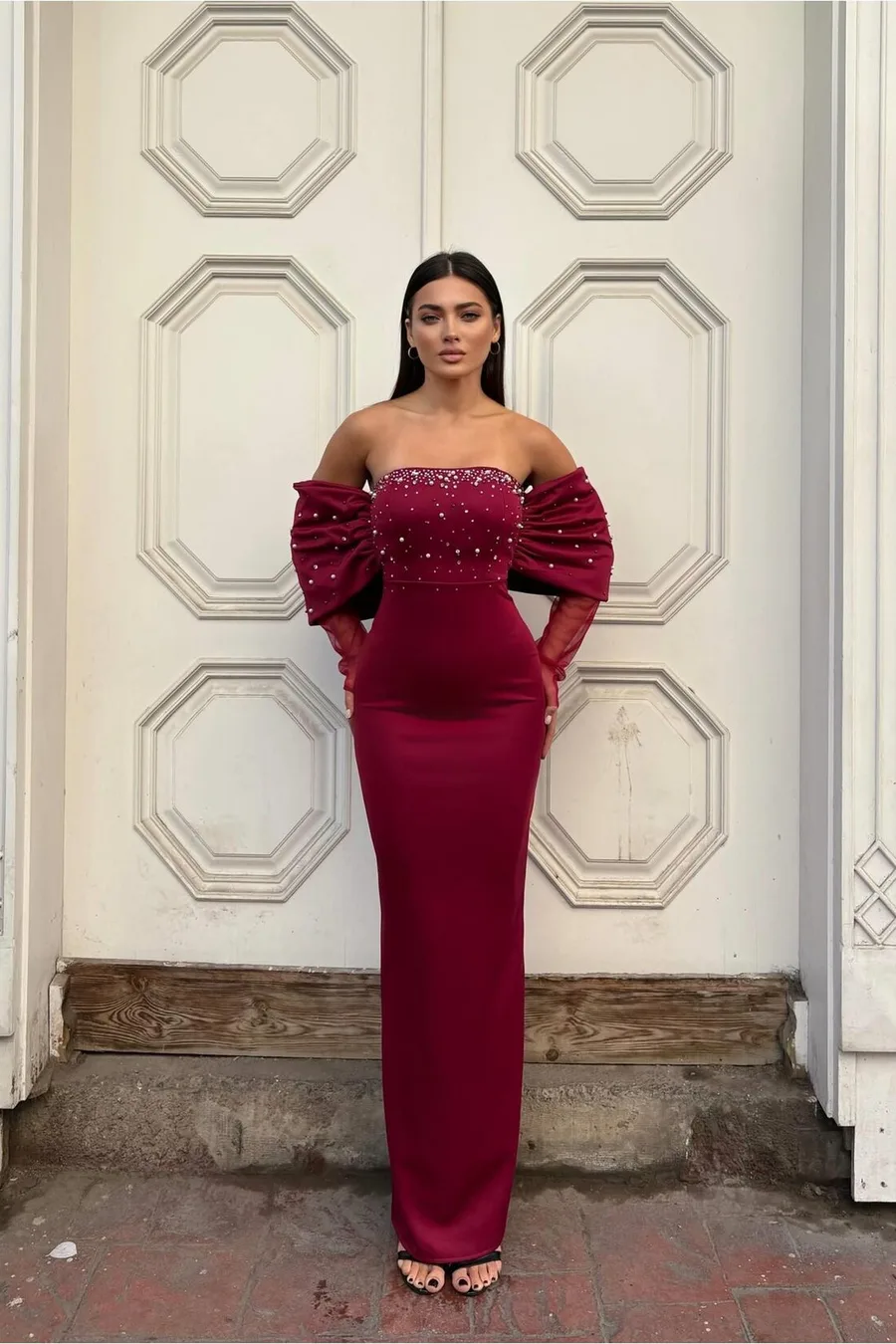 Esnek Straplez Abiye Kumaş Tül Elbise