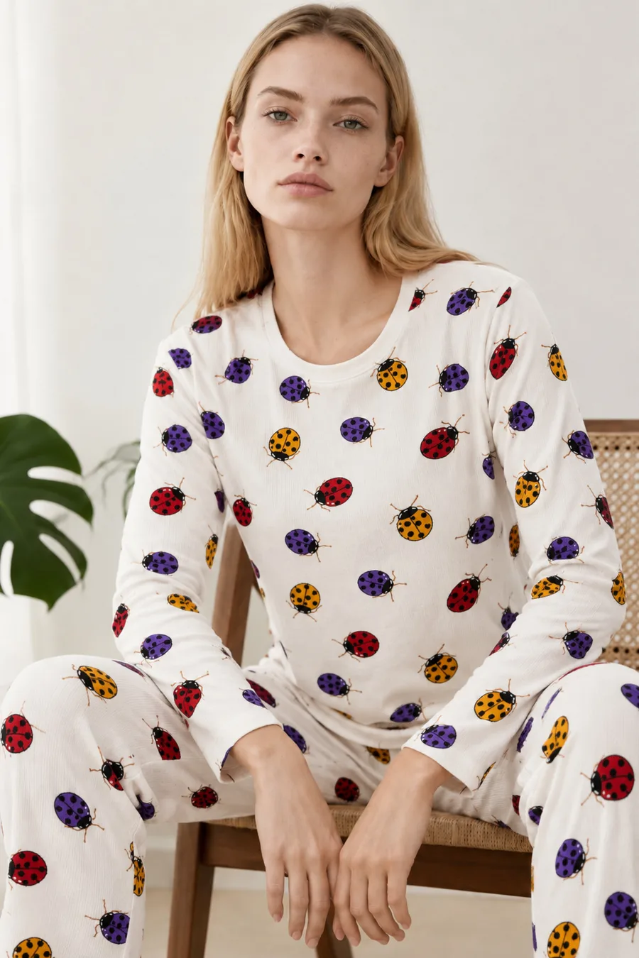Kadın Desenli İkili Beyaz Rahat Pijama Takımı 4829