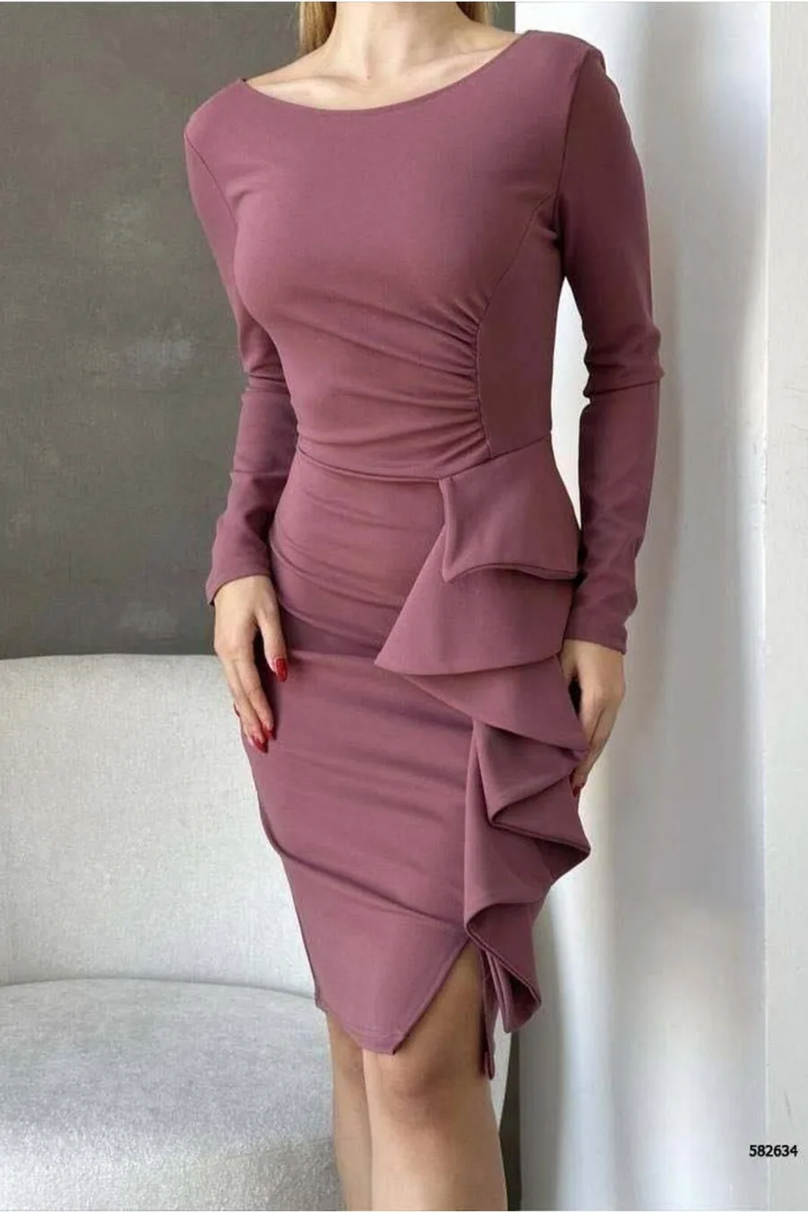Krep Yaka Bisiklet Abiye Kumaş Elbise Volanlı