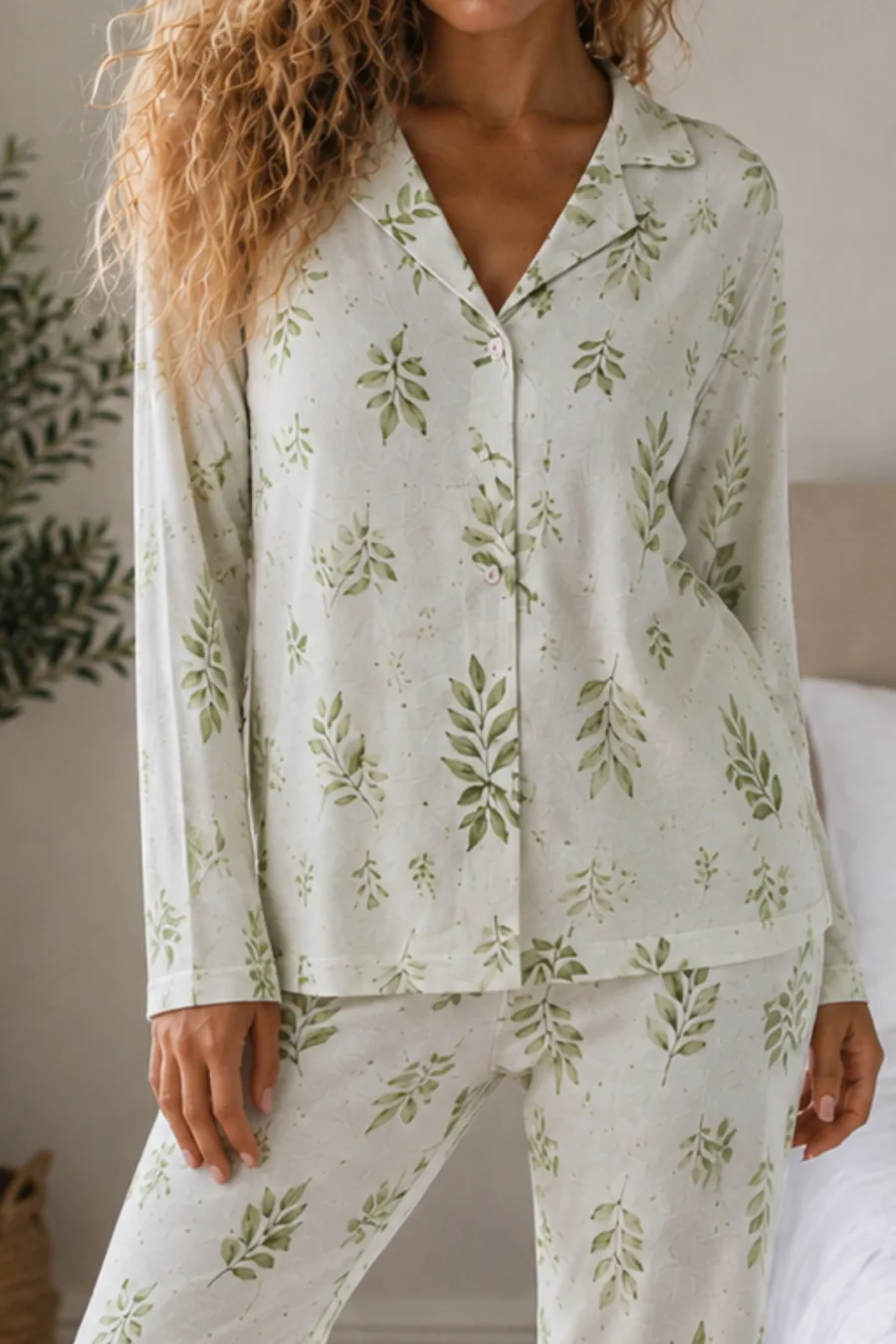 Kadın Örme Gömlek Yaka Çağla Yeşili Pijama Takımı