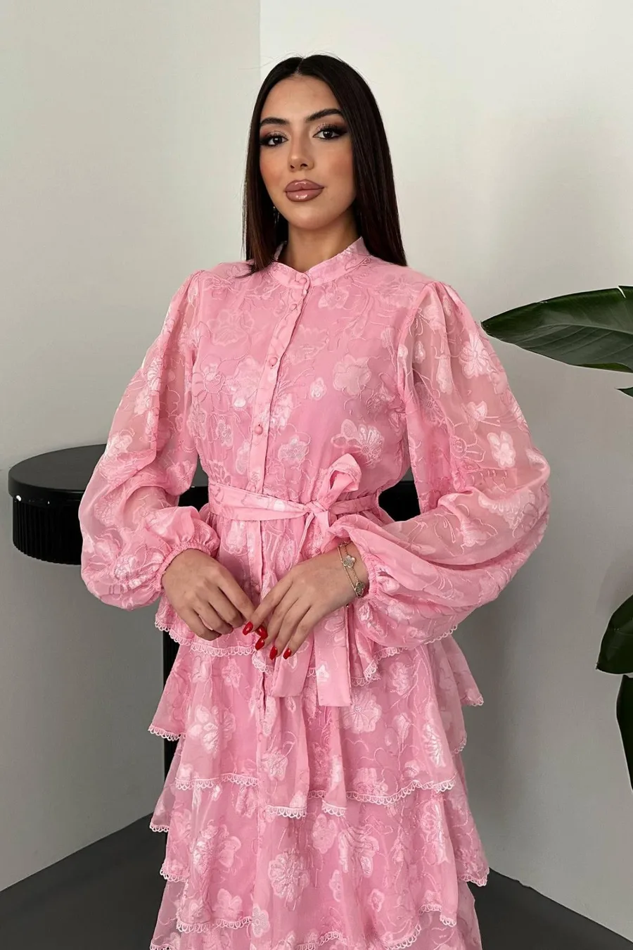 Pembe Kat Kat Volanlı Elbise - Pembe