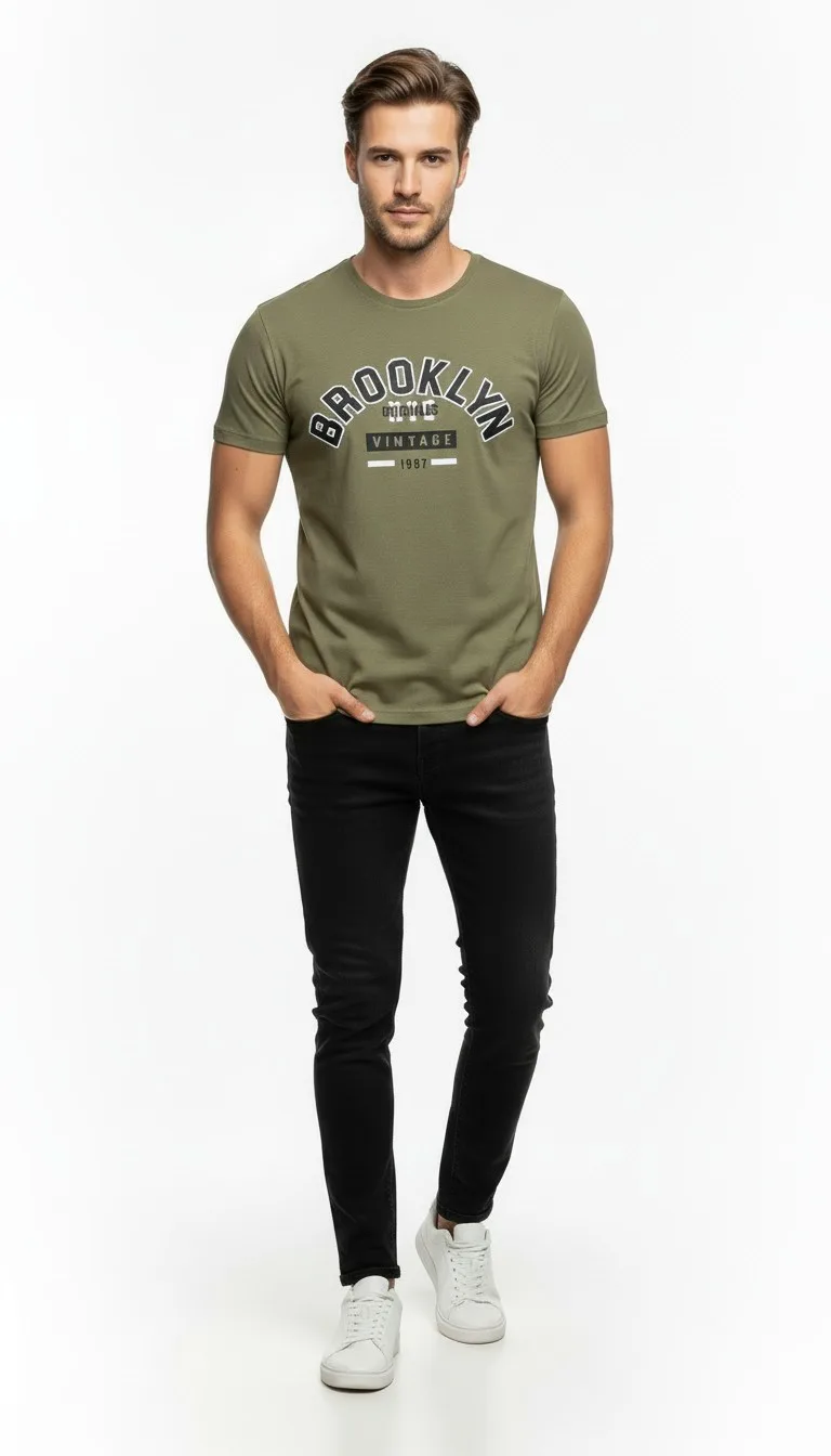 Brooklyn Vintage Baskılı Erkek Günlük T-Shirt Spor Kesim