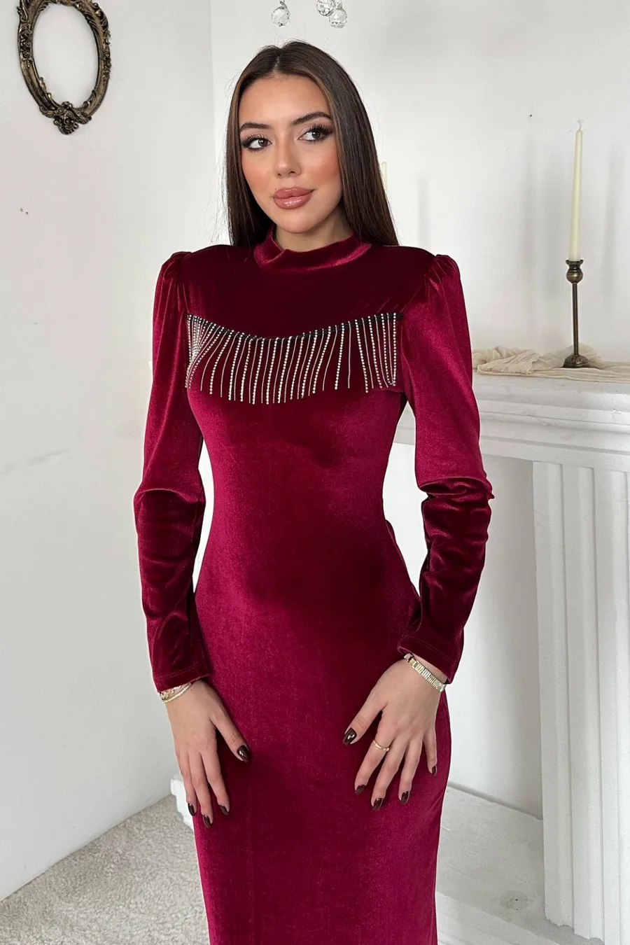 Bordo Kadife Işıltılı Elbise
