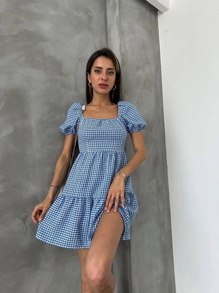Mavi Pötikare Mini Elbise – Balon Kol, Sırt Bağlamalı Yazlık Kadın Elbise - Mavi