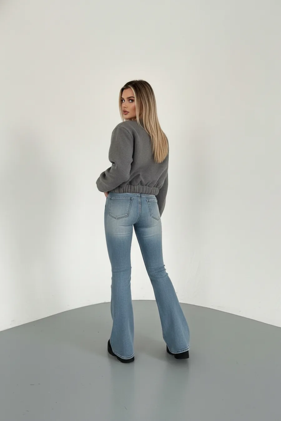 Kadın Ceket Crop Basic Gri Fermuarlı Koyu Bomber