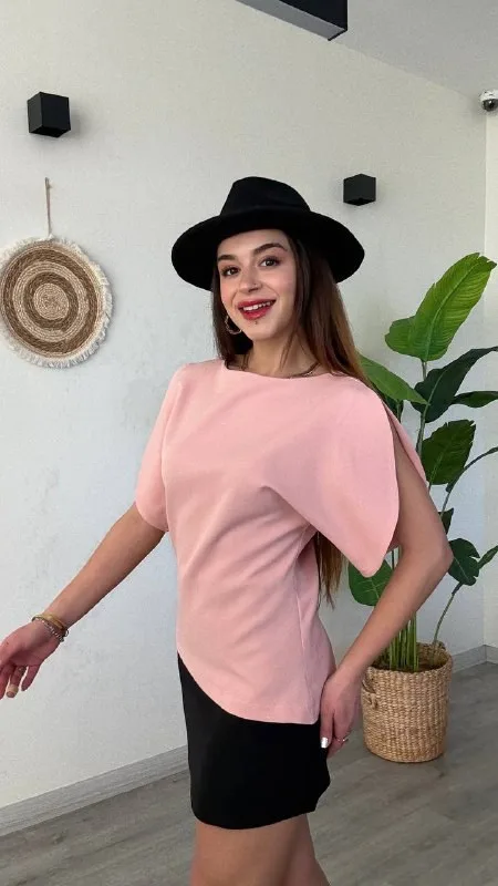 Bisiklet Yaka Pembe Balon Kol Bluz – Modern Şık Ofis Bluzu - Pembe