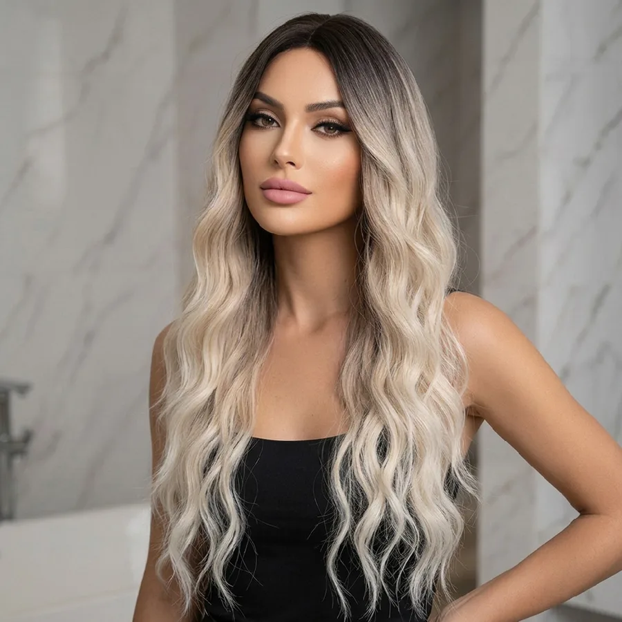 Daalı Uzun Perçemli Fiber Sen Peruk / Koyu Kahve Dipli Küllü Platin Ombre