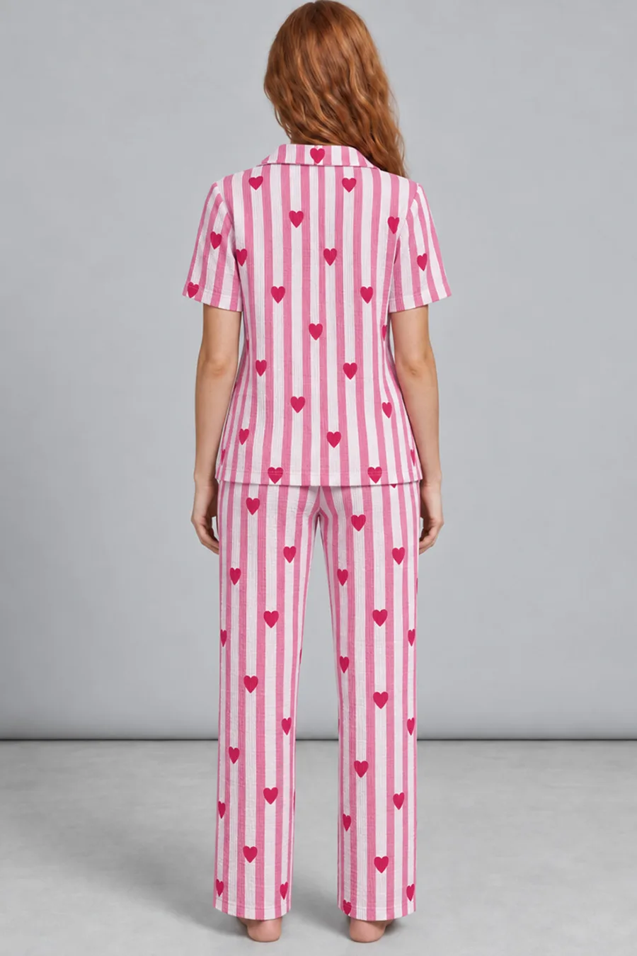 Kadın Rahat Kalıp Gömlek Yaka Pembe Kalpli Pijama Takımı 4769
