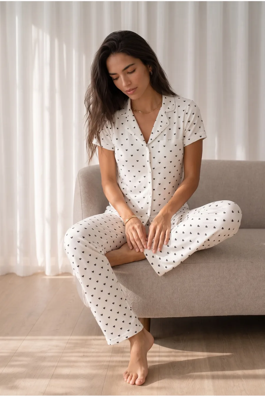 Kadın Loose Uzun Paça Pamuk Kar Beyaz Pijama Takımı