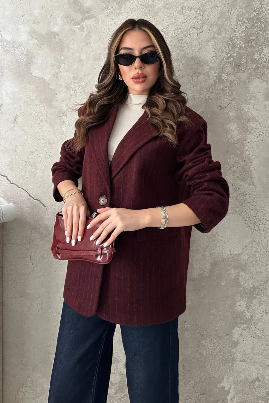 Bordo Çizgili Yün Ceket