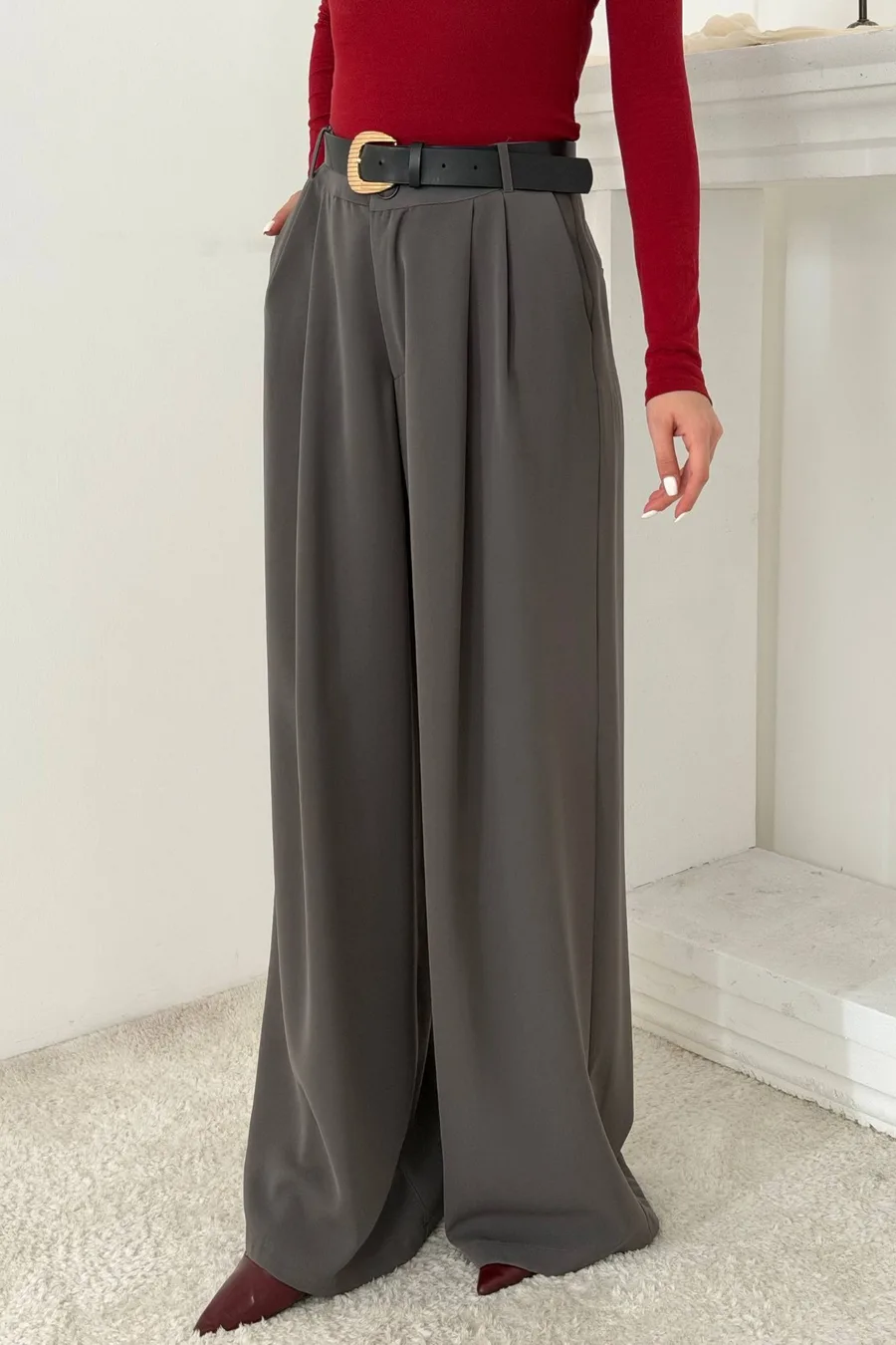 Füme Pileli Comfort Pantolon