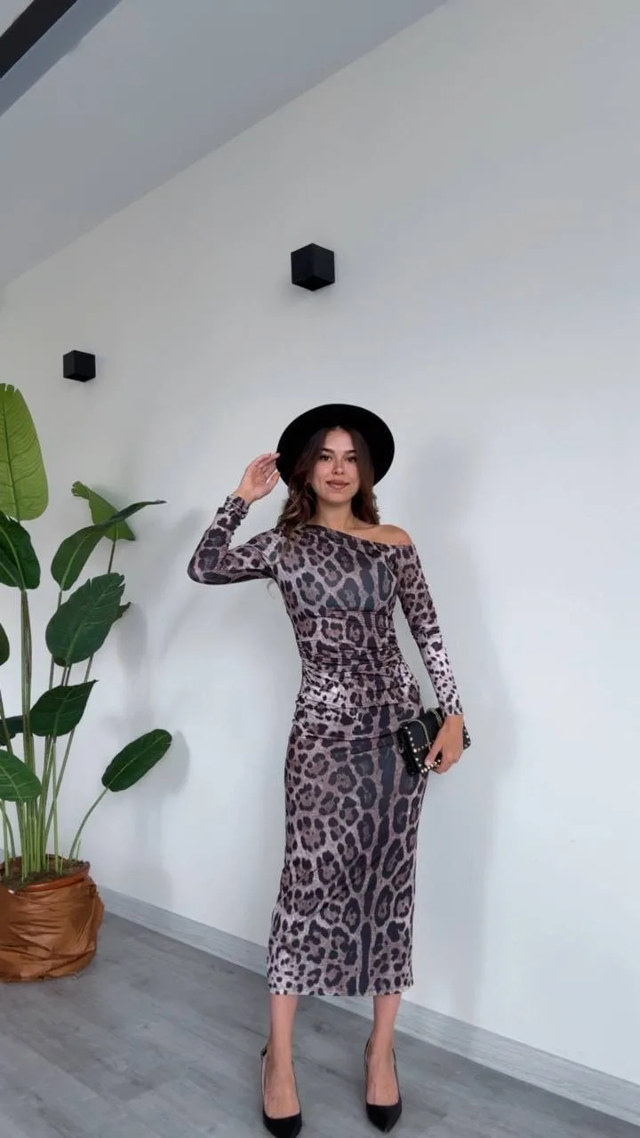 Tek Omuz Leopar Desenli Midi Elbise - Leopar