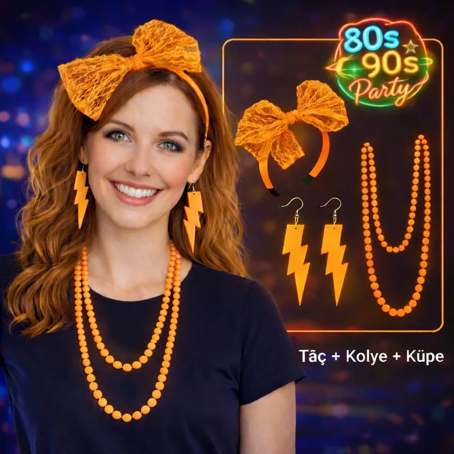 80’ler 90’lar Neon Tcu Parti Seti – Kolye Küpe Taç