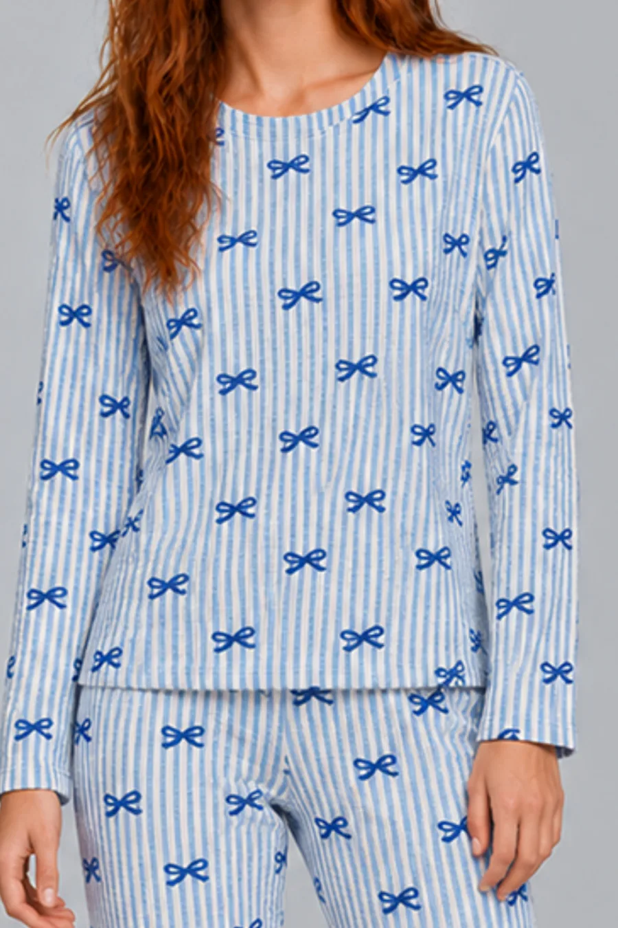 Kadın Desenli İkili Mavi Rahat Pijama Takımı 4815