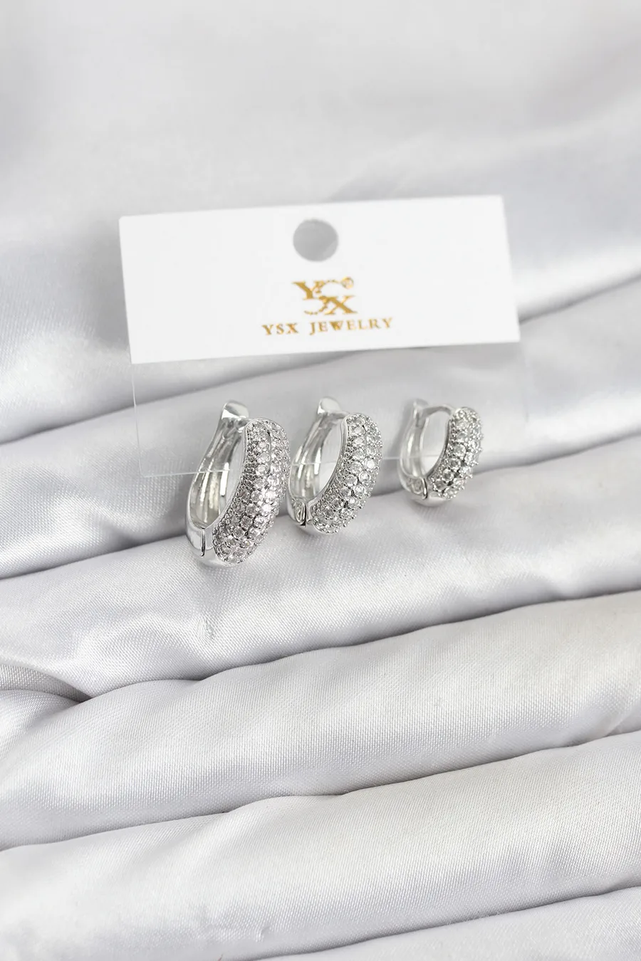 Pirinç Gümüş Renk Zirkon Taşlı Halka Model YSX Trio Küpe Seti