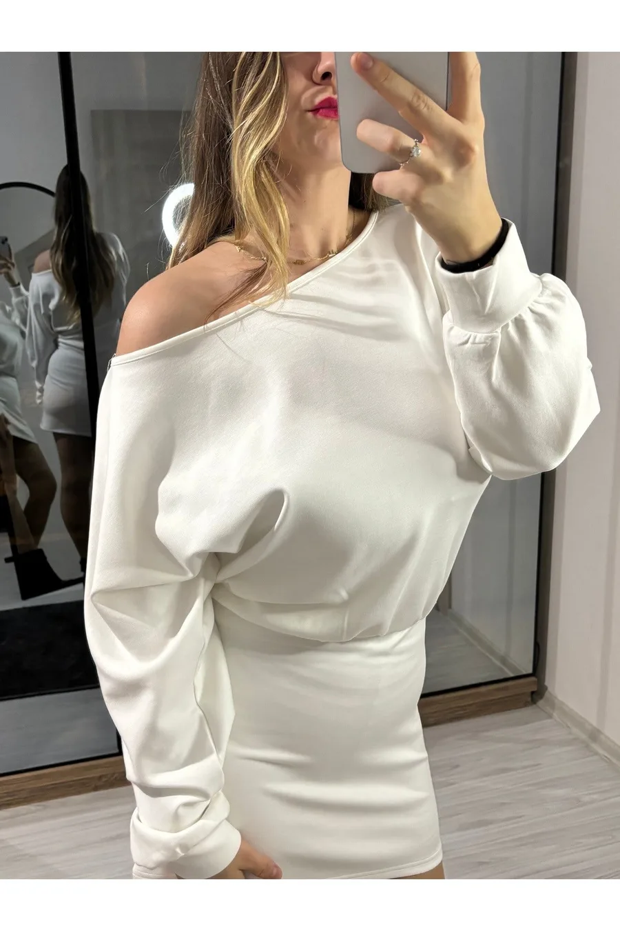 Modal Kumaş Kayık Yaka Mini Elbise - Beyaz