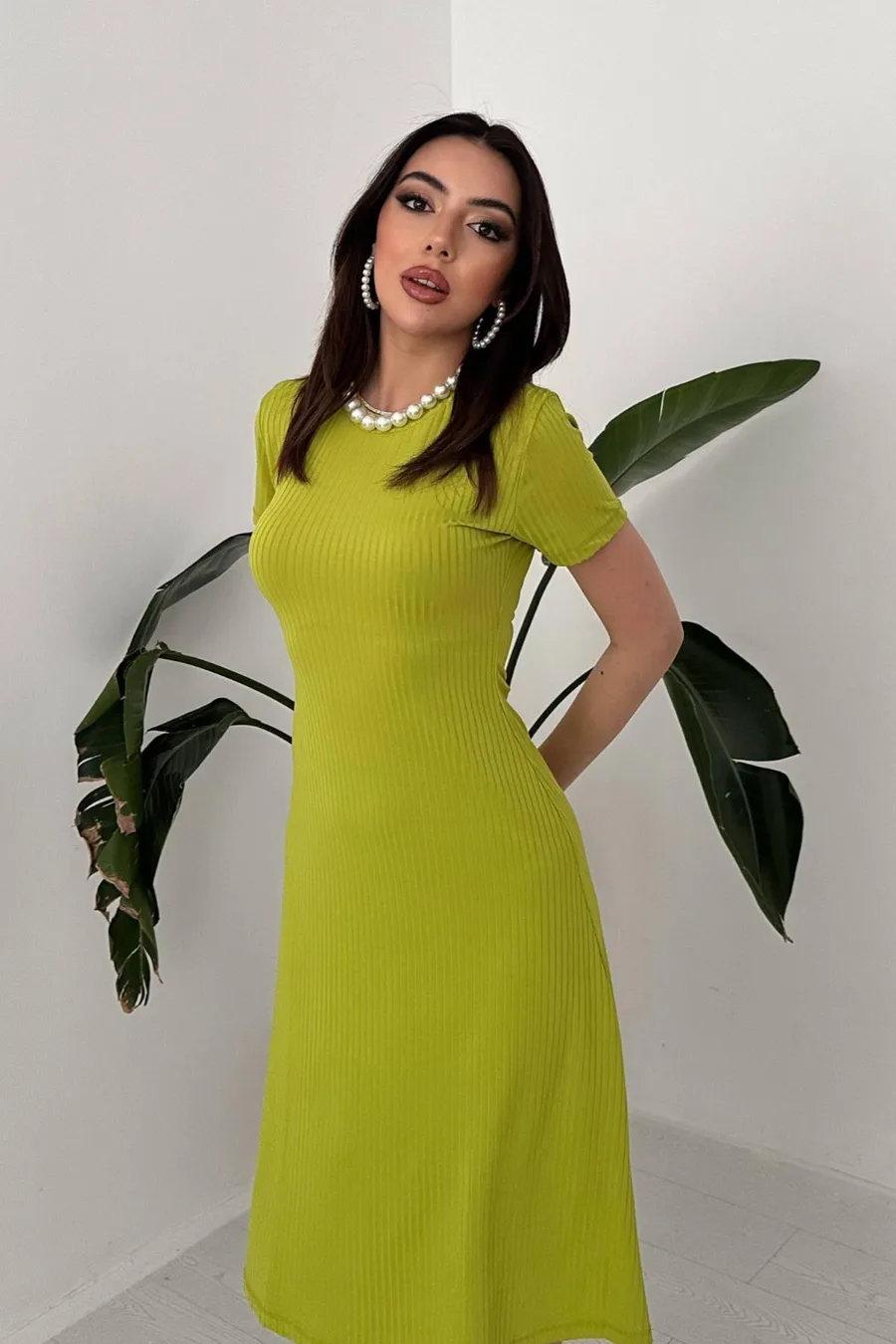 Yeşil Basic Fitilli Midi Elbise