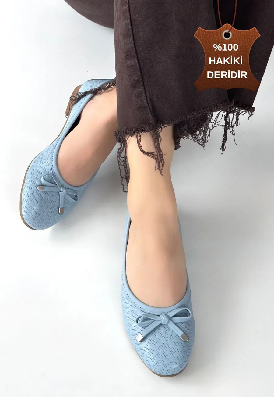 Jnues Mavi Hakiki Deri Babet Ayakkabı