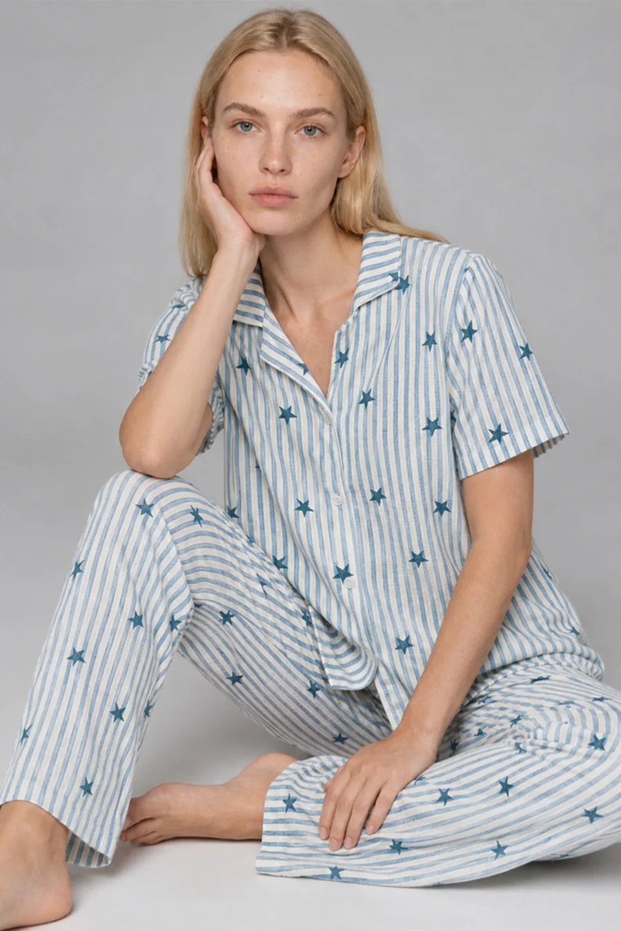 Kadın Kısa Kollu Rahat Mavi Pijama Takımı 4728