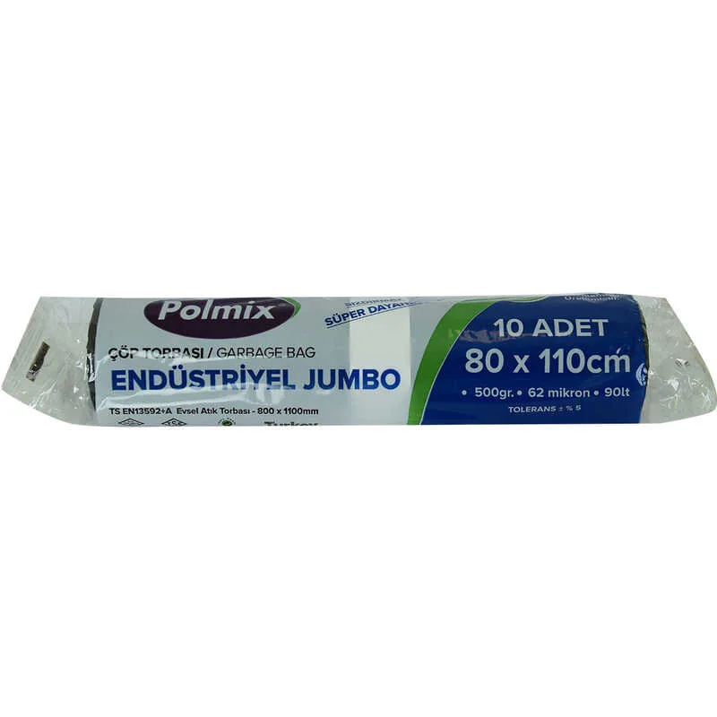 Torbası Jumbo Boy 80x110Cm 500Gr 62Mikron 90Lt Siyah Rulo 10 Adet