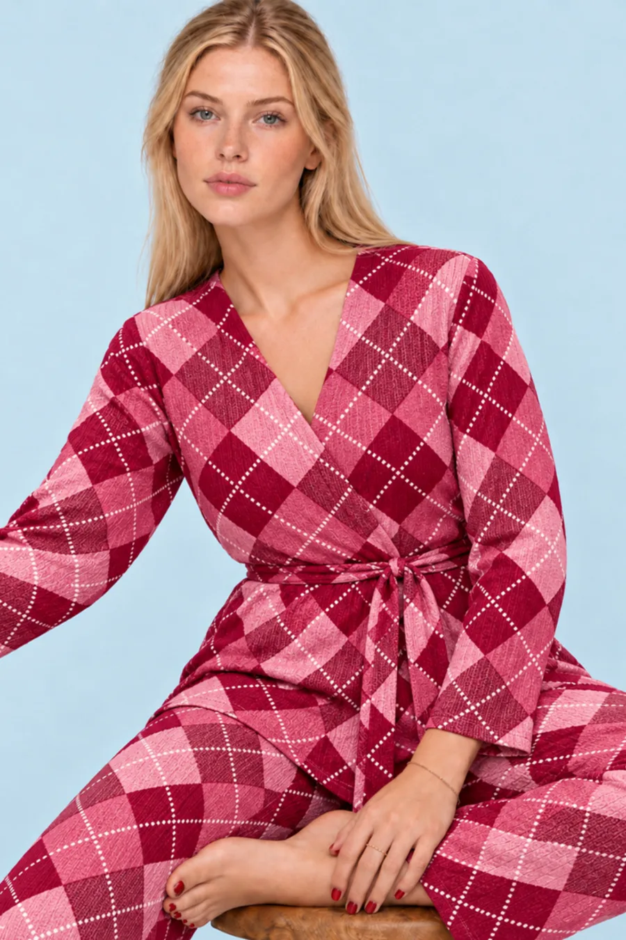 Kadın Desenli Ev Stili Kuşaklı Pembe Pijama Takımı 4808
