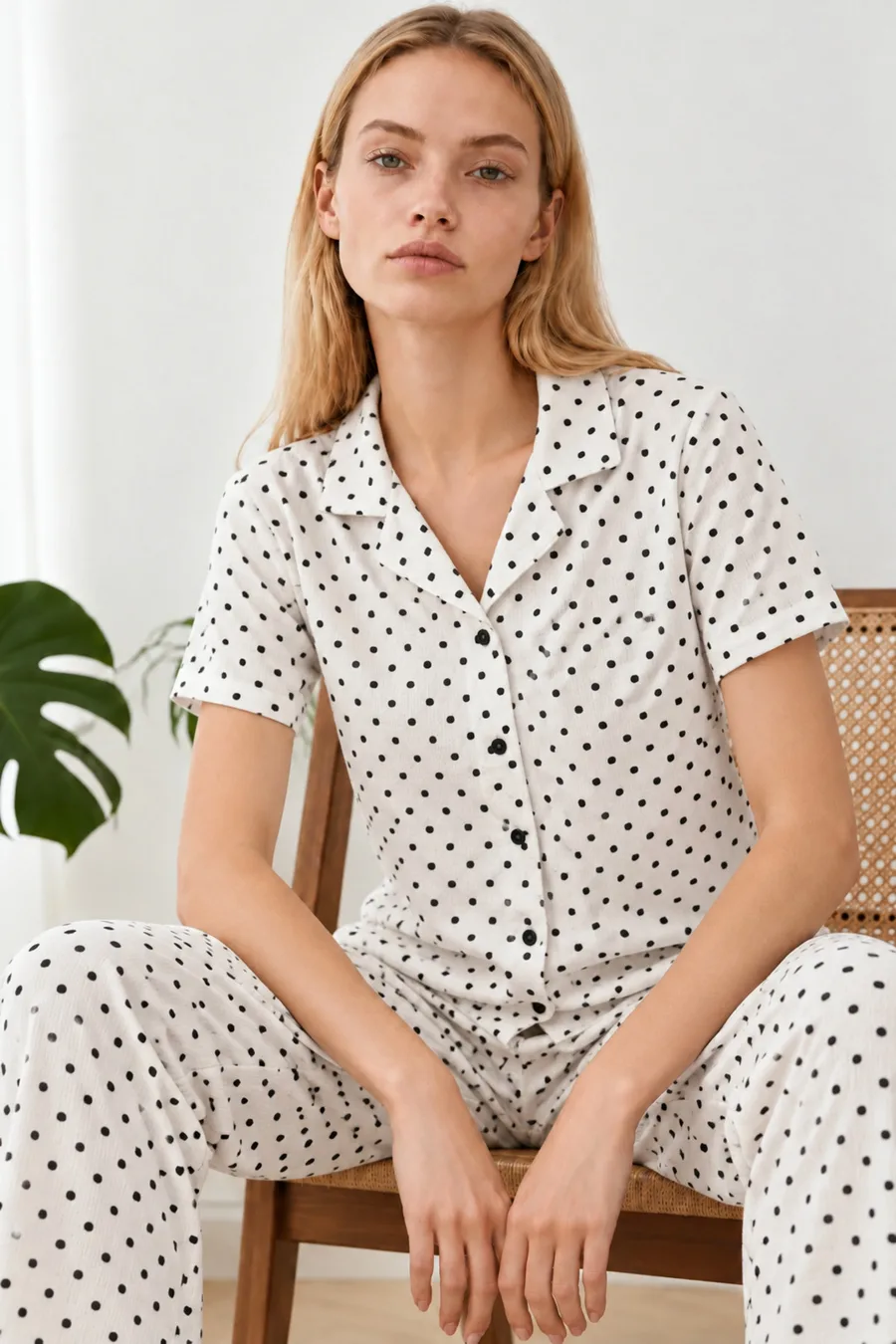 Kadın Relax Fit Puantiyeli Beyaz Pijama Takımı 4857