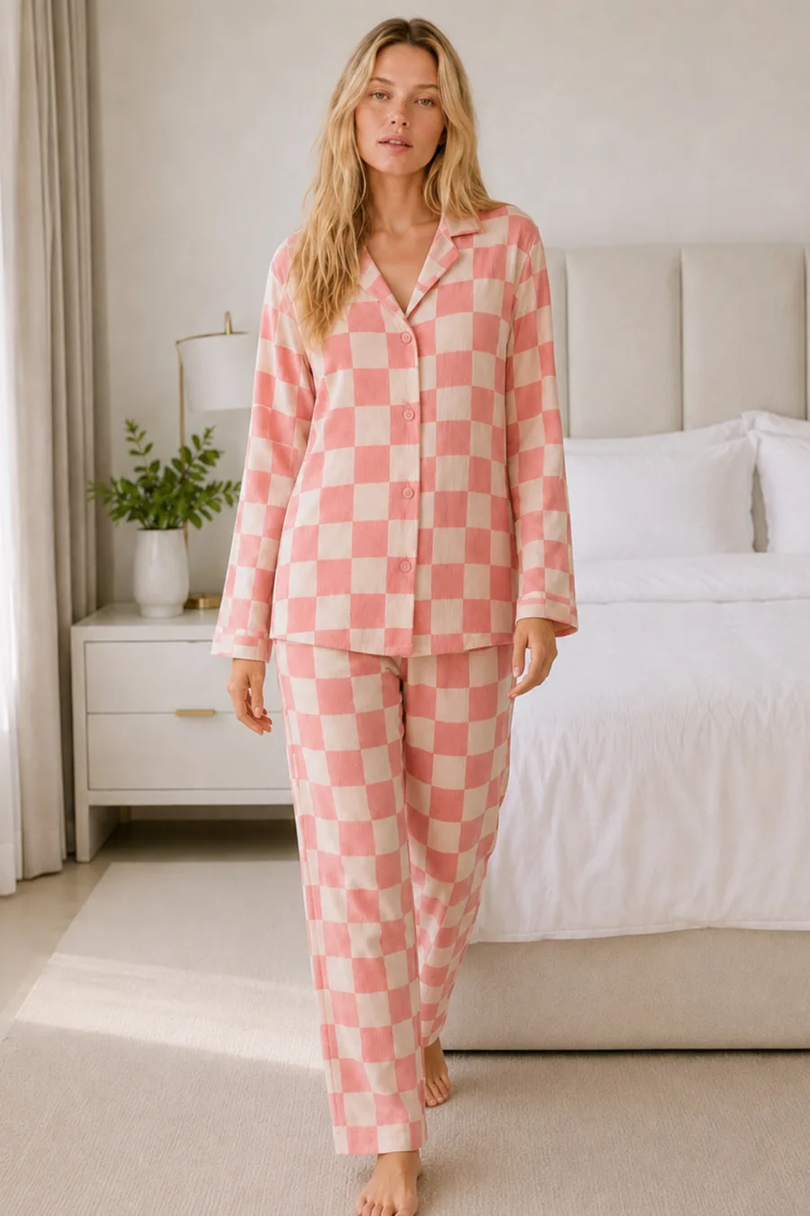 Kadın Casual Esnek Bol Pembe Pijama Takımı 4670