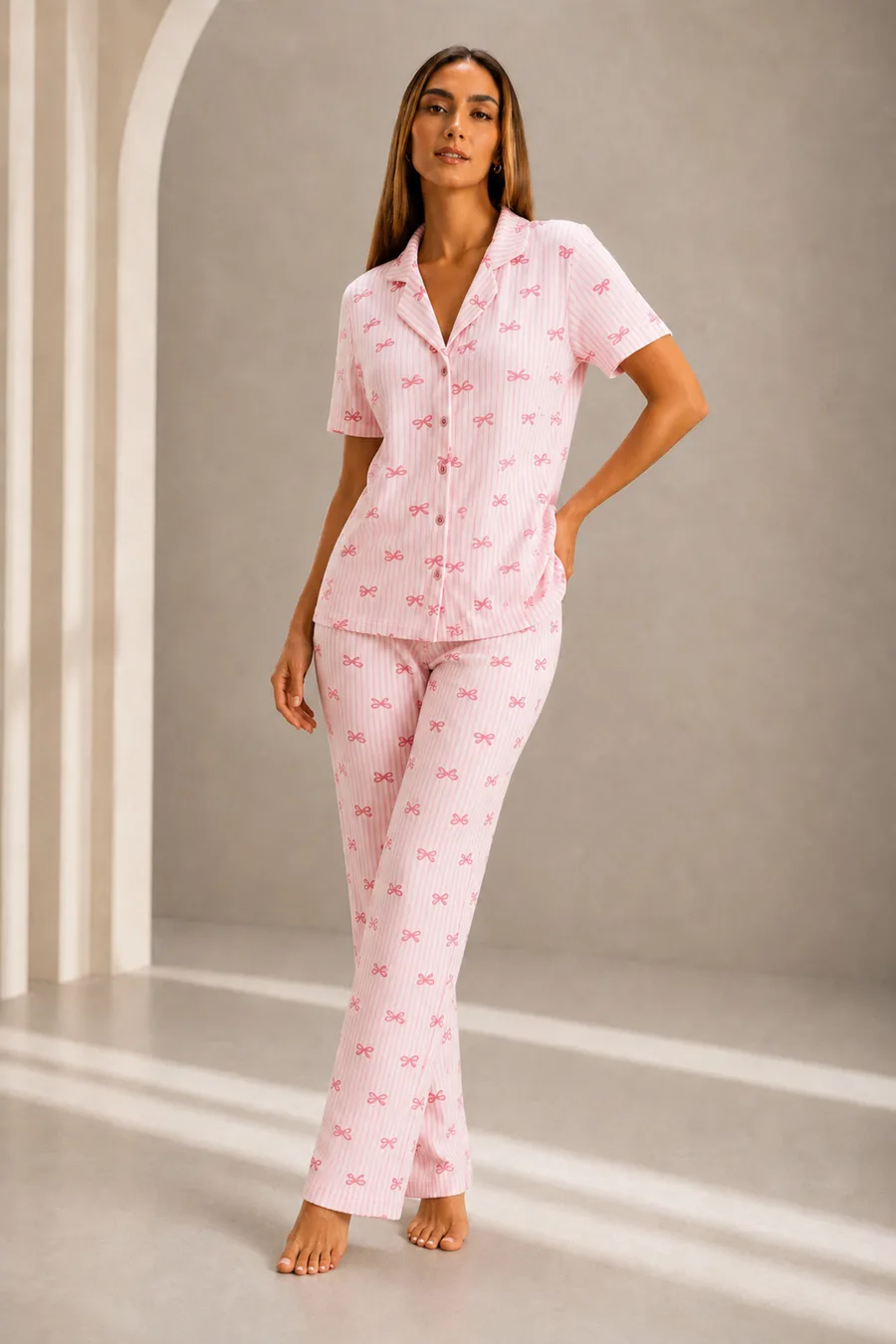 Kadın Kısa Kol Rahat Kalıp Şık Pembe Pijama Takımı