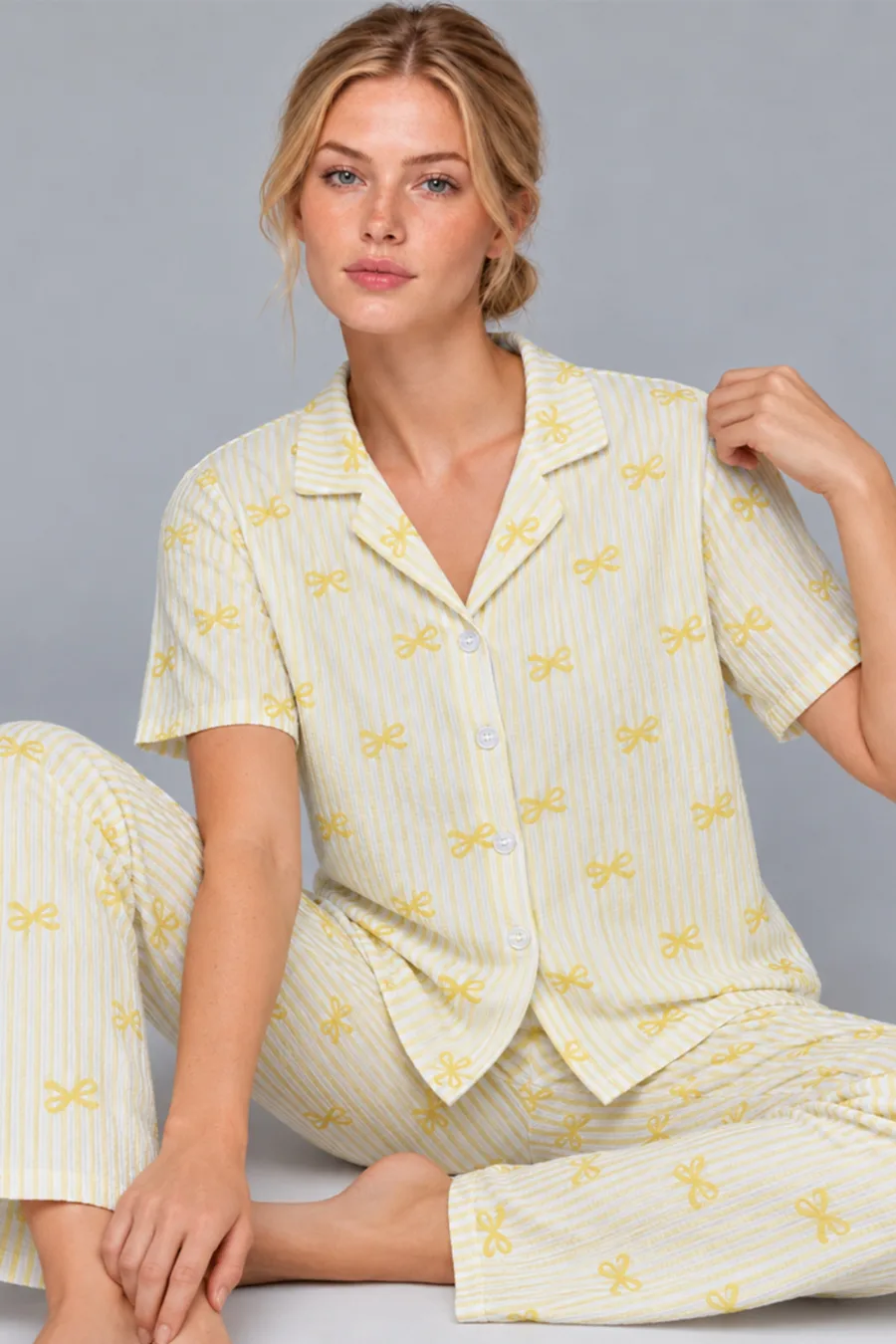 Kadın Gömlek Yaka Desenli İkili Sarı Pijama Takımı 4795