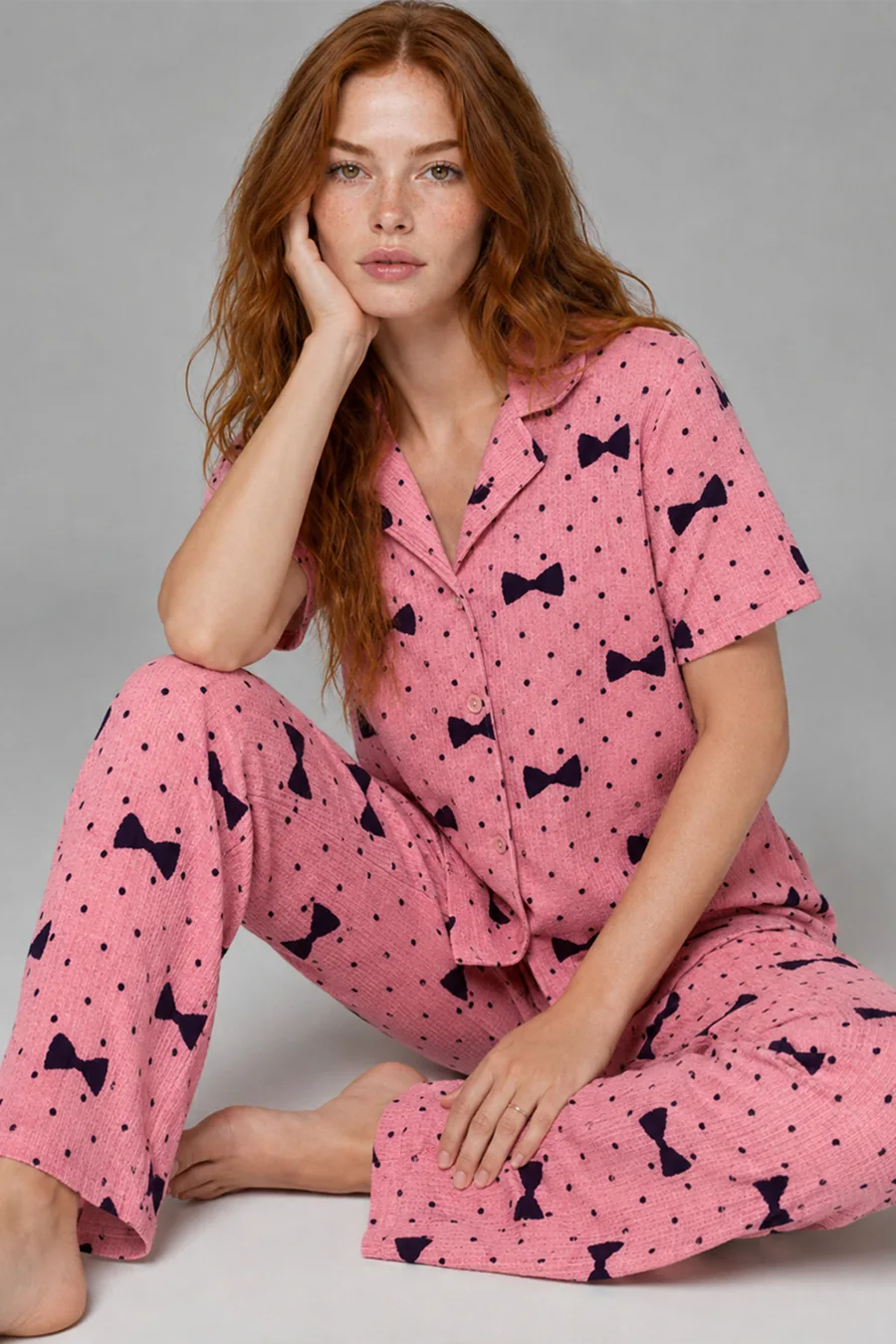 Kadın Kısa Kol Desenli Pembe Pijama Takımı 4729