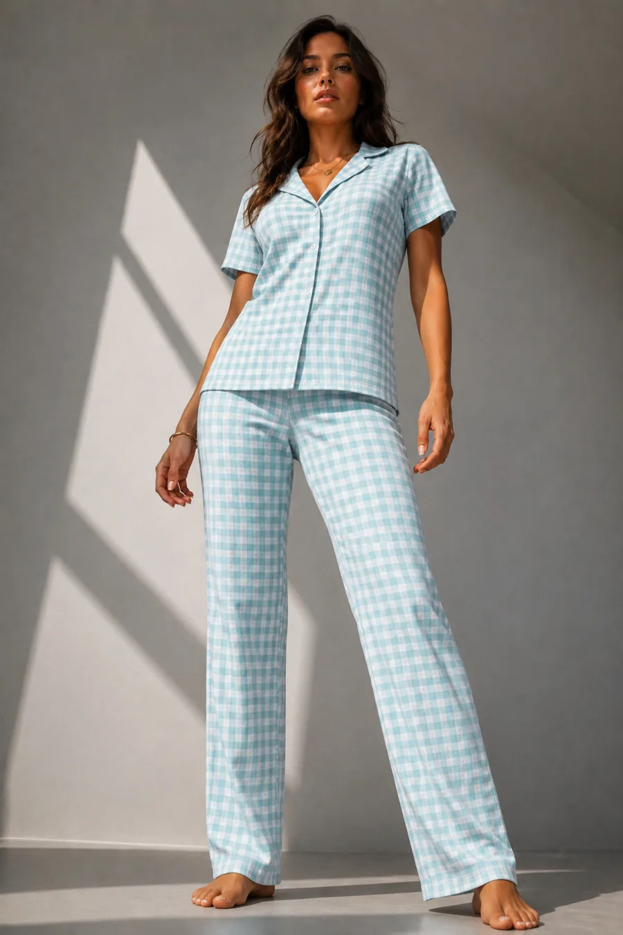 Kadın Klasik Doğal Düğme Gece Su Yeşili Pijama Takımı