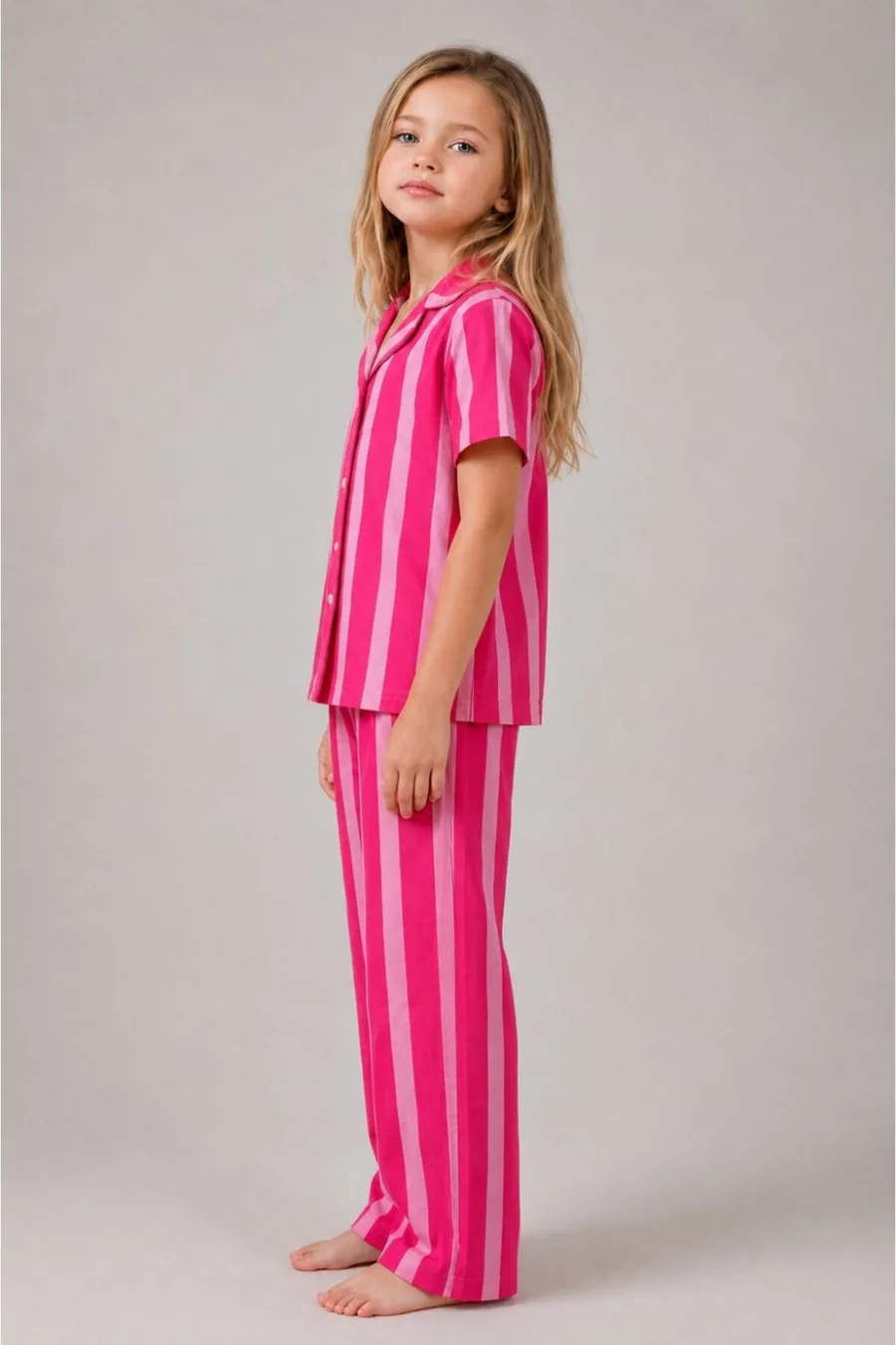 Kız Çocuk Çizgili Gecelik Pembe Pijama Takımı