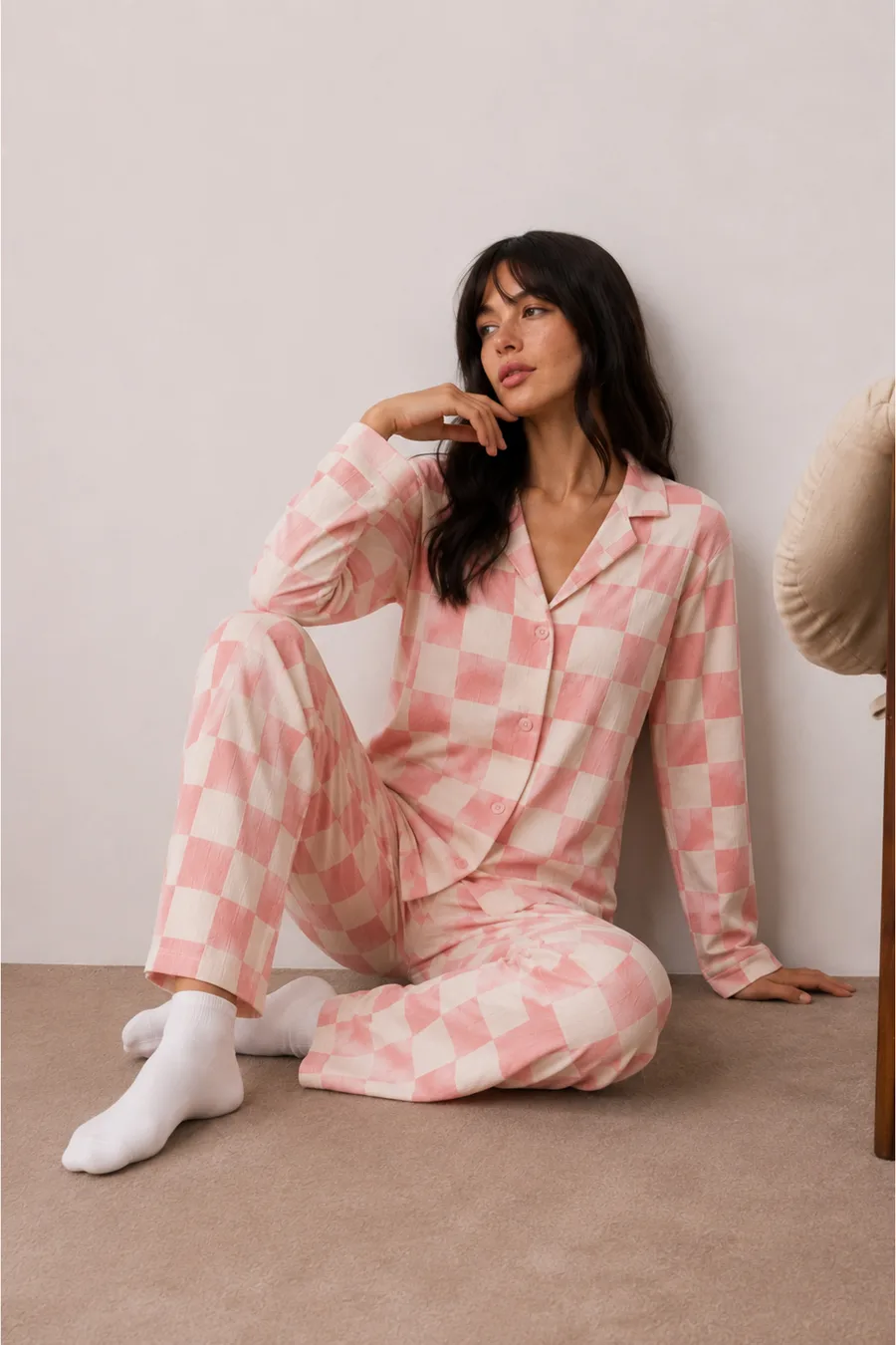 Kadın Düğmeli Kışlık Ev Pembe Pijama Takımı