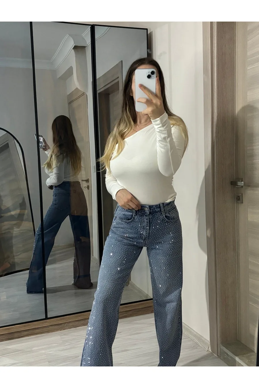 Ön Full Taşlı Wide Leg Koyu Kar Yıkama Pantolon - Mavi