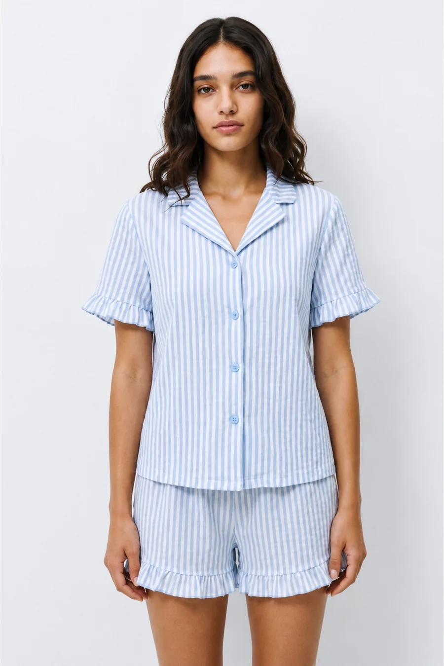 Kadın Desenli Trend Mavi Pijama Takımı
