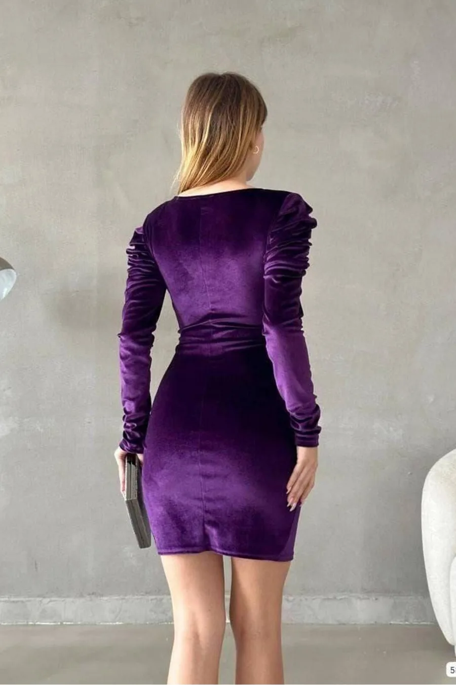 Kadife Yaka Büzgülü Abiye Kruvaze Kumaş Elbise