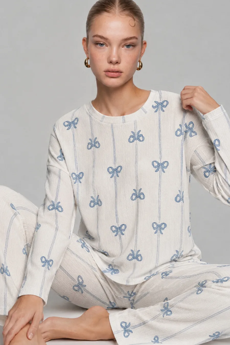 Kadın Desenli Nefes Alan Ekru Pijama Takımı 4690