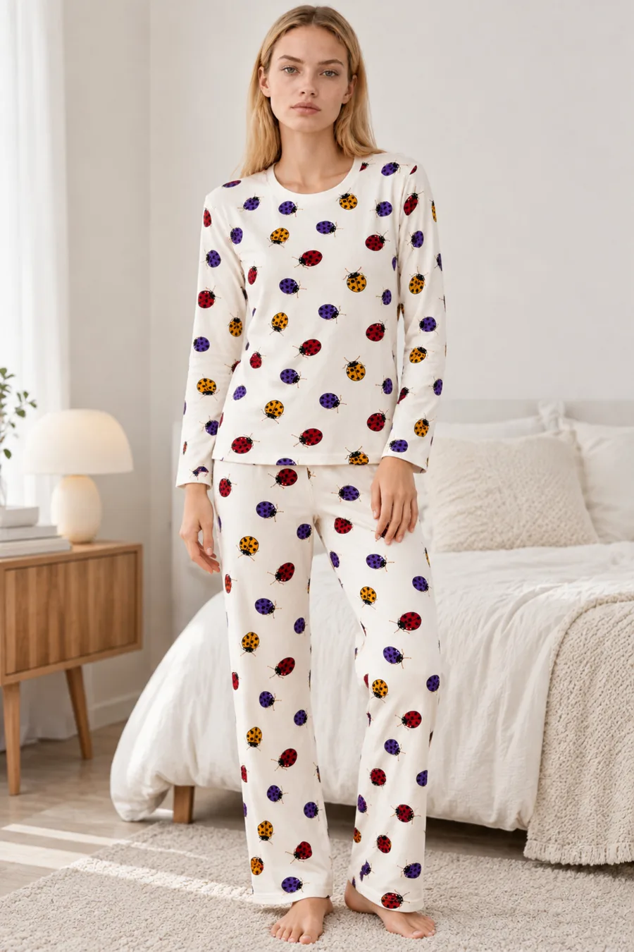 Kadın Desenli İkili Beyaz Rahat Pijama Takımı 4829