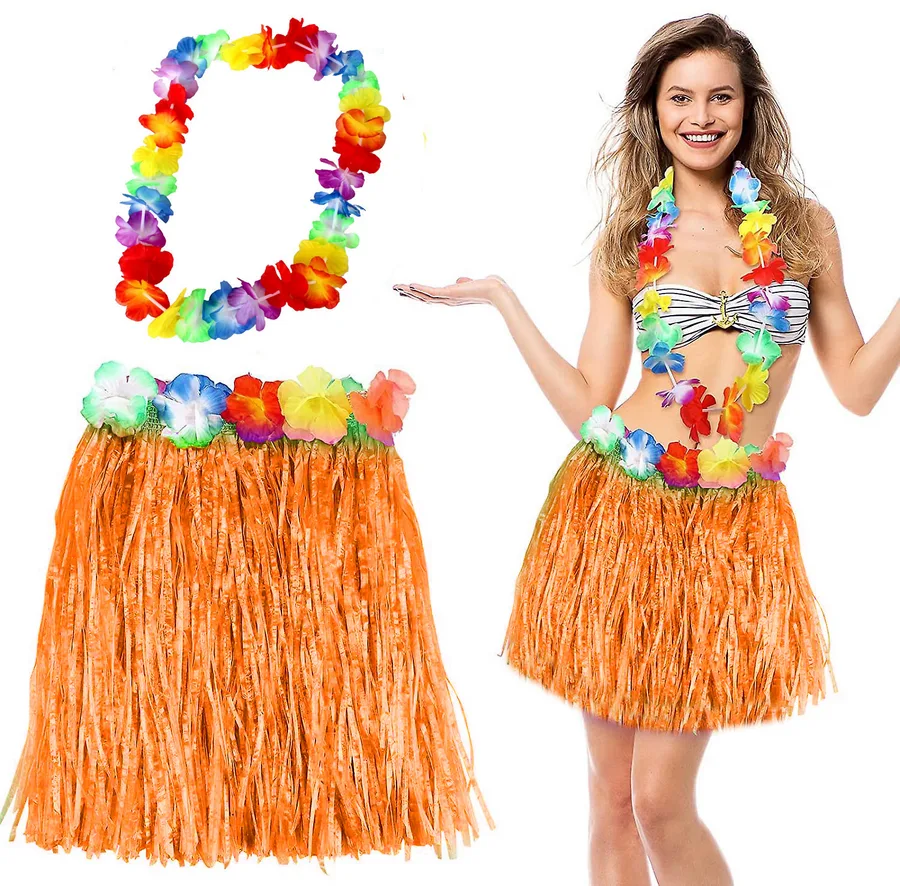Hawaii Luau ha Tcu Püsküllü 40 cm Etek ve Hawaii Kolye Seti