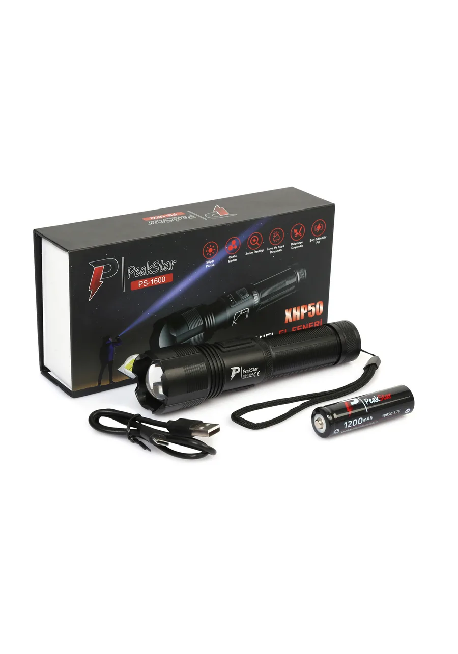 PeakStar Ps-1600 Süper Parlak Led Zoomlu 5 Mod Su Geçirmez Profesyonel Kamp Bekçi cı Feneri