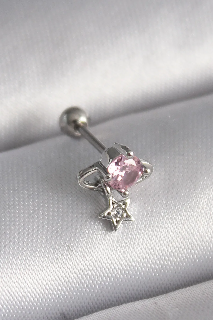 316L Çelik Gümüş Renk Pembe Zirkon Taşlı Sallantı Yıldız Detay Tragus Piercing