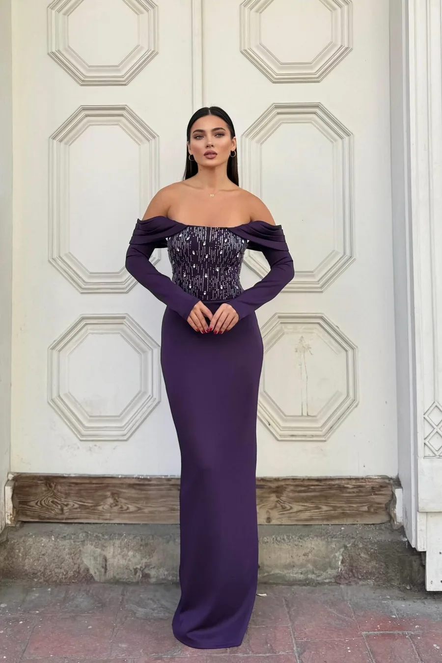 Dik Kollu Payetli Abiye Maxi Uzun Yaka Elbise