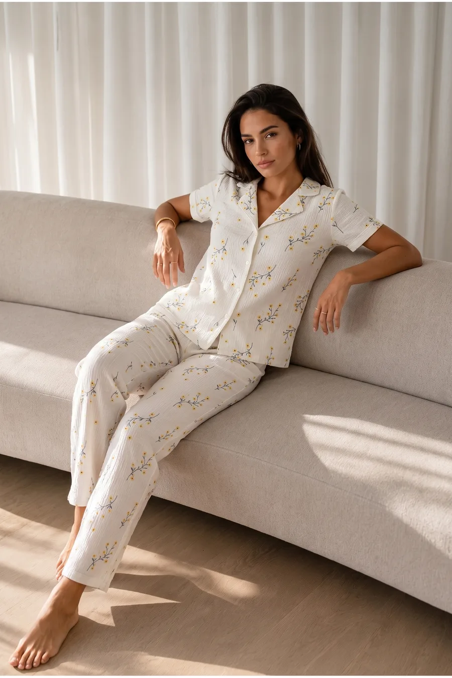 Kadın Loose Uzun Paça Pamuk Çok Renkli Pijama Takımı